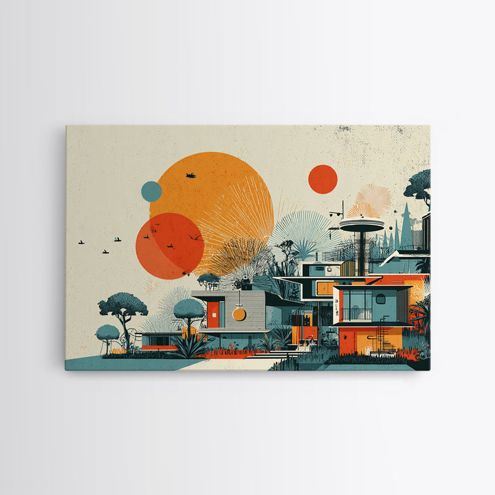 Orange Sun Modernist House And Birds Wall Art, Mid Century Modern Canvas Print, Atomic Desert Architecture Decor Poster Print