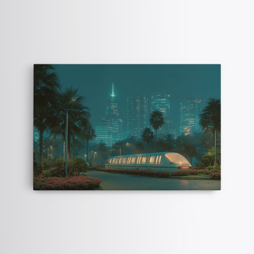Neon Palm Monorail Futuristic Night City Wall Art, Retro Sci Fi Skyline, Teal Urban Decor, Modern Digital Art Print, For Living Room