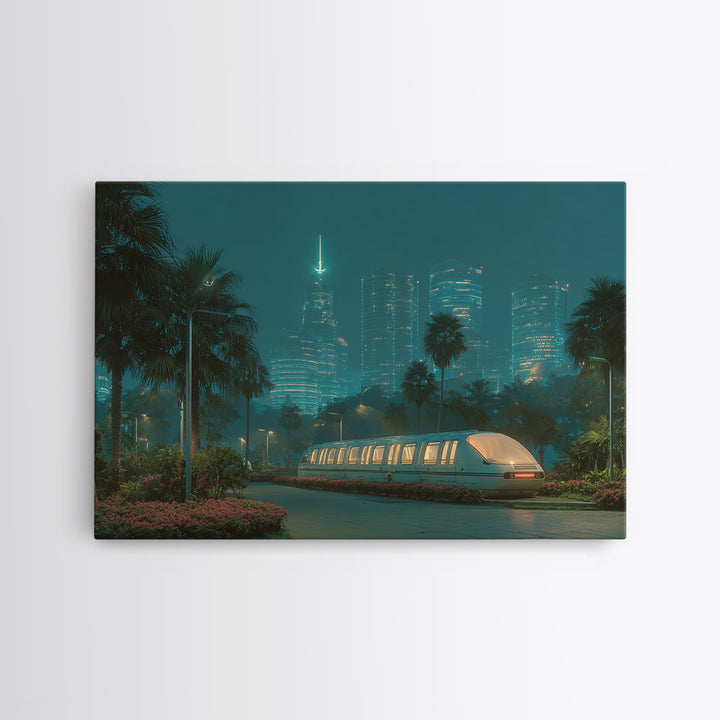 Neon Palm Monorail Futuristic Night City Wall Art, Retro Sci Fi Skyline, Teal Urban Decor, Modern Digital Art Print, For Living Room
