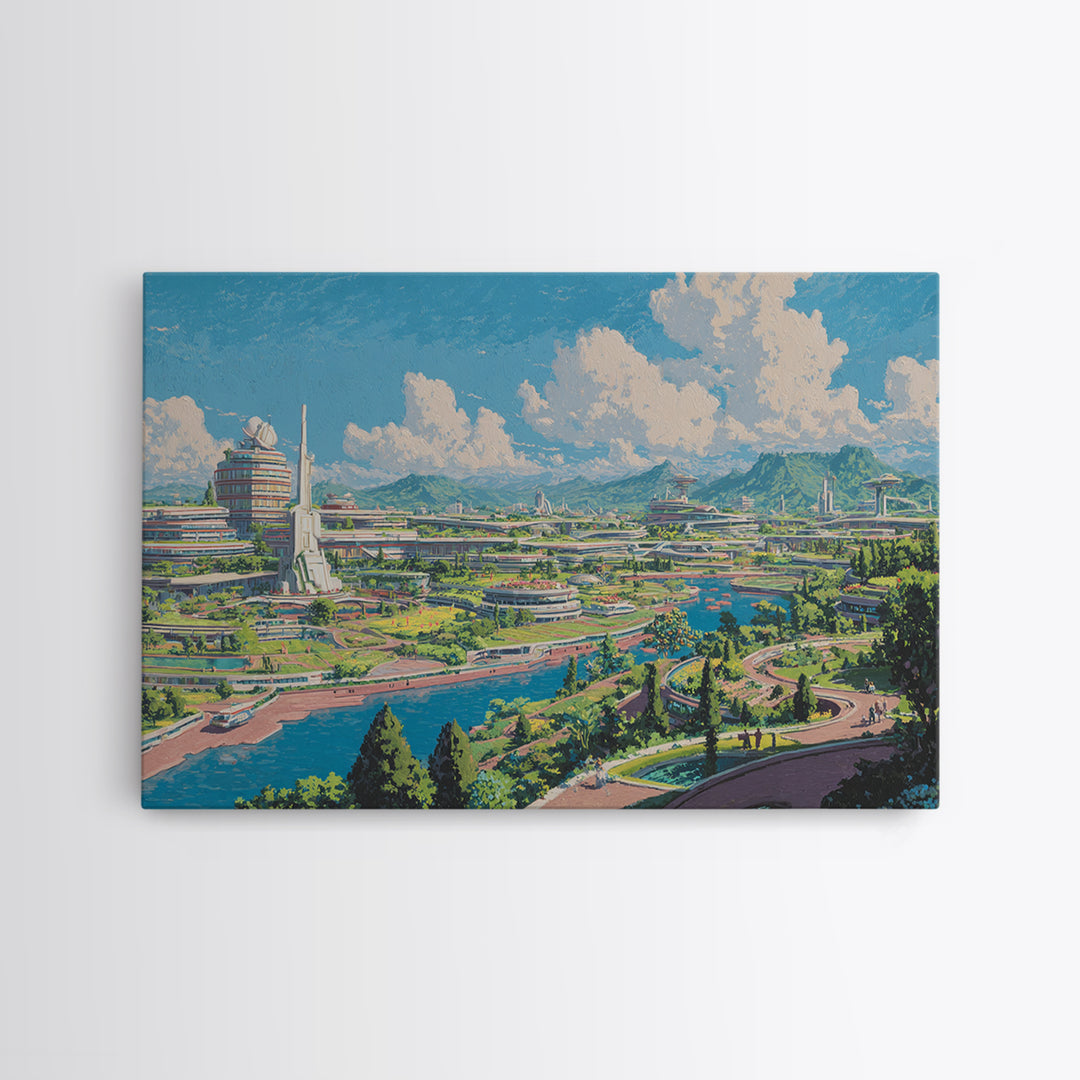 Sunny Retro Future Garden City Canvas Print, Utopian River Skyline, Mountain Landscape, Midcentury Modern Wall Decor Print