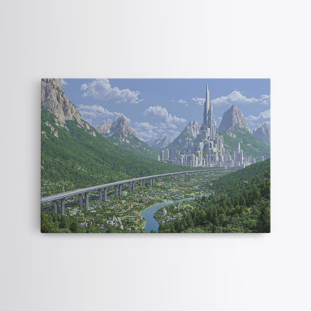 Silver Alpine Megacity And Elevated Rail Wall Art, Futuristic Mountain Landscape, Modern Sci Fi Cityscape Home Decor Print