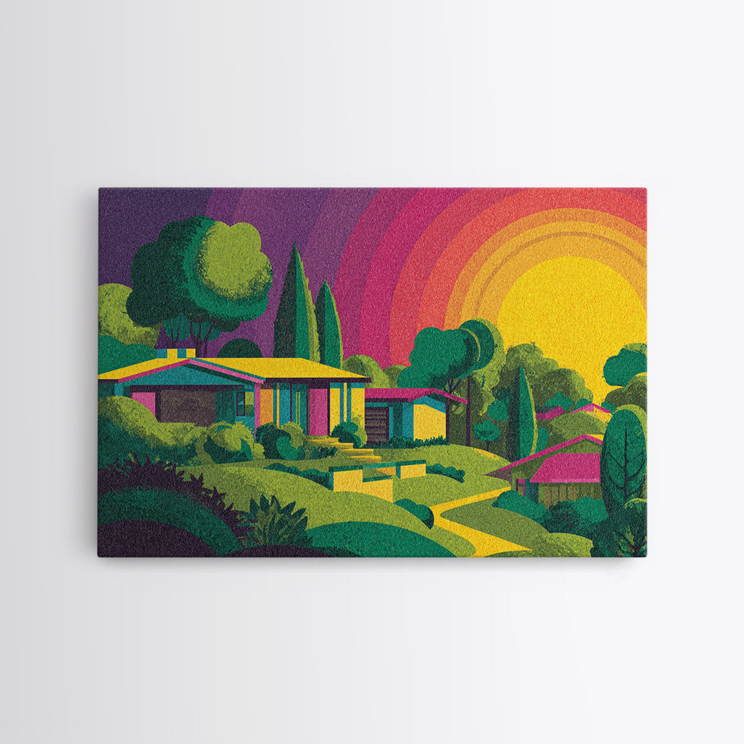 Colorful Midcentury Hillside Home Sunset Wall Art, Retro Palm Springs Decor, MCM Architecture Print, Groovy 70s Art Poster