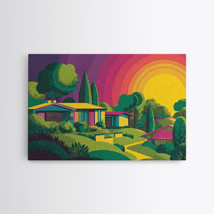 Colorful Midcentury Hillside Home Sunset Wall Art, Retro Palm Springs Decor, MCM Architecture Print, Groovy 70s Art Poster