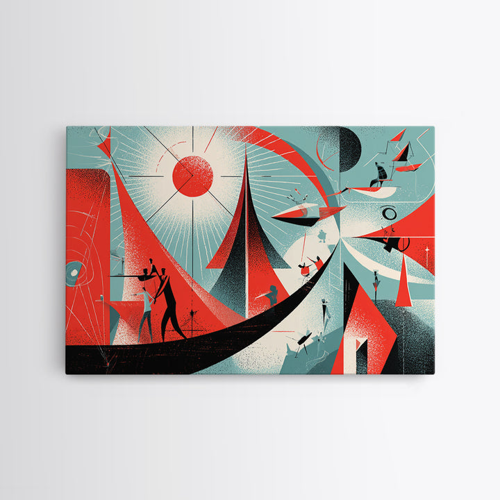 Red Atomic Sailboats And Cosmic Figures Canvas Print, Midcentury Abstract Wall Art, Bauhaus Geometric Retro Poster Decor