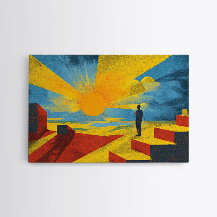 Golden Sun And Lone Figure Geometric Desert Wall Art, Midcentury Modern Abstract Print, Bold Yellow Orange Decor For Living Room