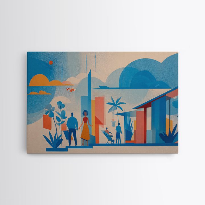 Pastel Family At Modernist Home Framed Canvas Print, Midcentury Wall Art, Scandinavian Blue Decor, Nursery Room Art Poster