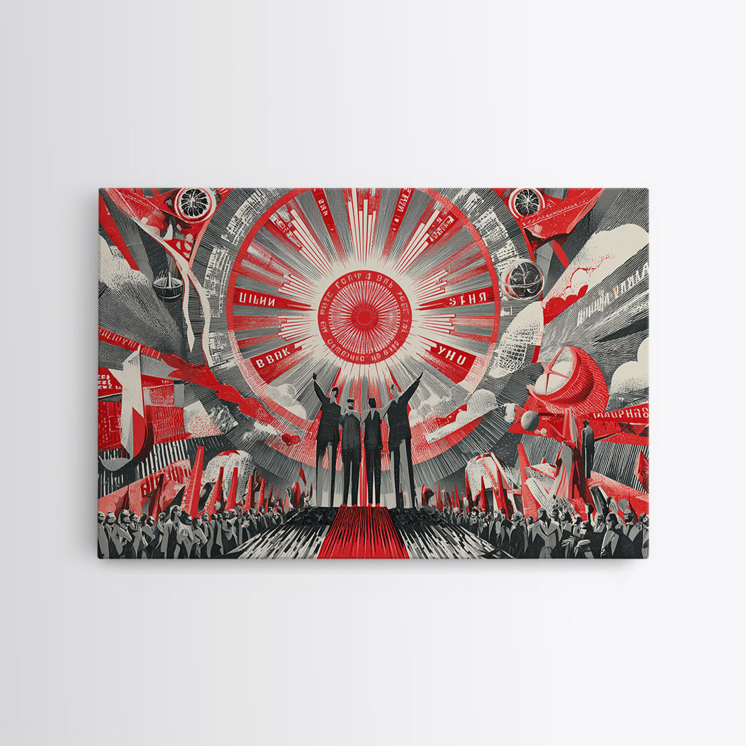 Red Futurist Rally With Rockets And Crowd Wall Art, Soviet Style Space Poster, Retro Sci Fi Propaganda Canvas Print Decor