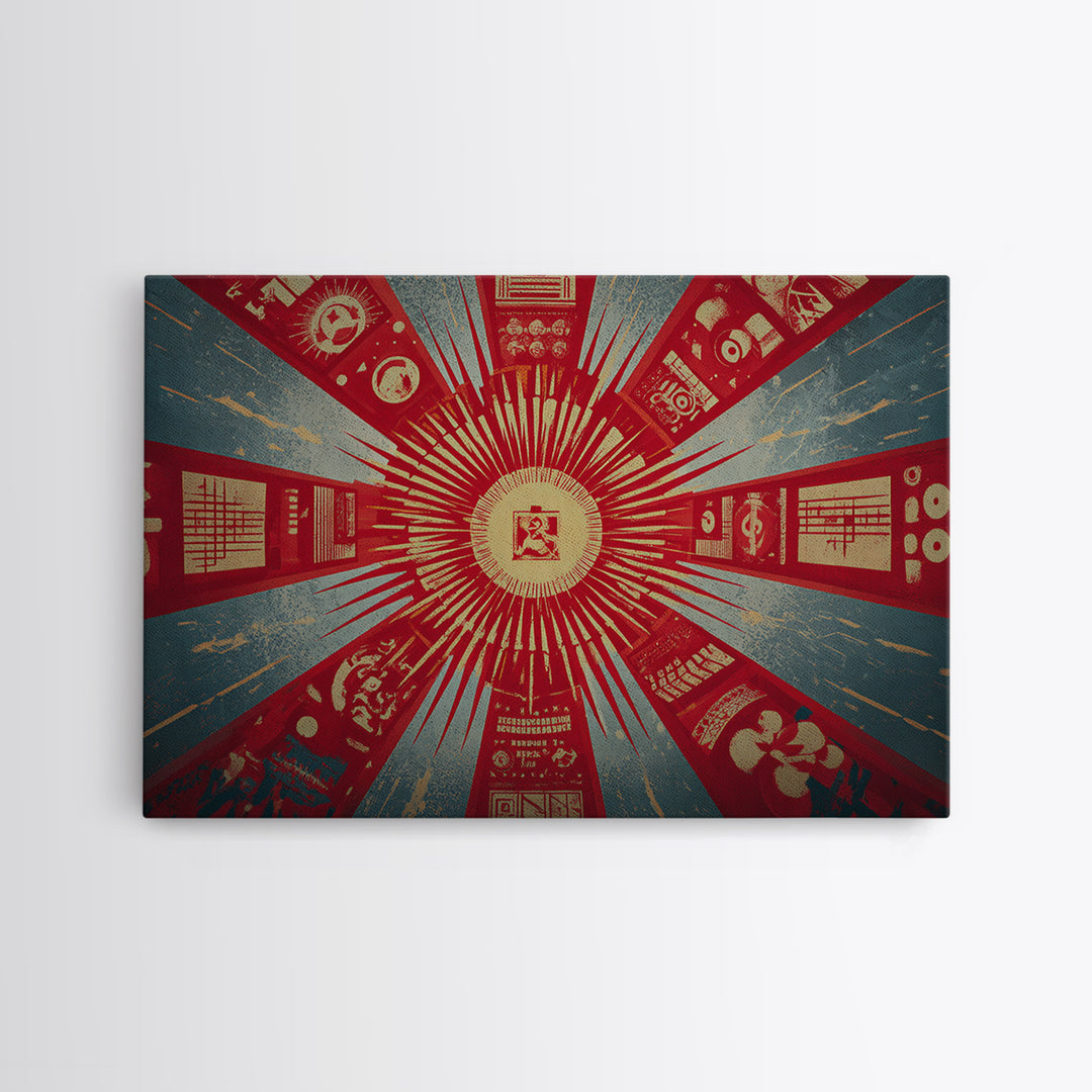 Radial Soviet Science Panels And Red Star Wall Art, Retro Futurist Propaganda Poster, Modern Geometric Canvas Print Decor