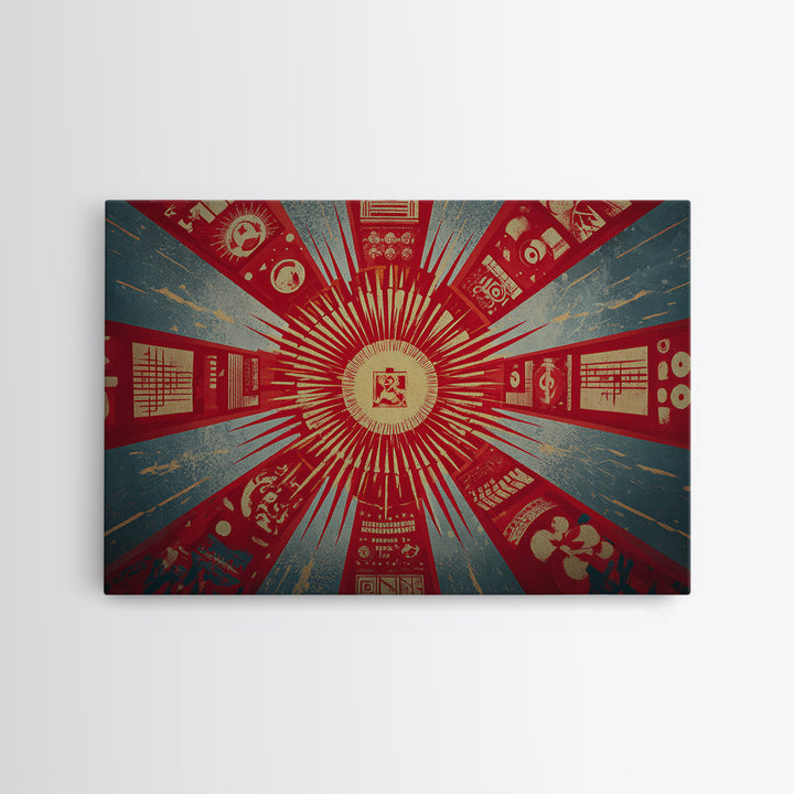 Radial Soviet Science Panels And Red Star Wall Art, Retro Futurist Propaganda Poster, Modern Geometric Canvas Print Decor