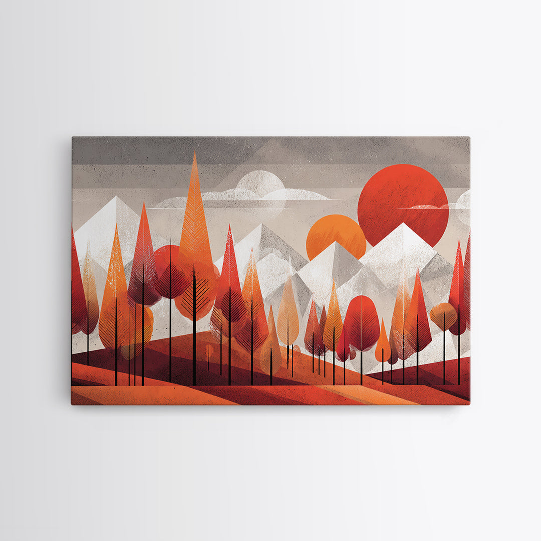 Orange Geometric Forest Mountains Canvas Print, Midcentury Modern Wall Art, Retro Landscape Decor, Bold MCM Home Decor Poster
