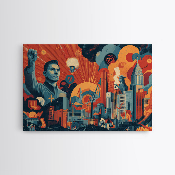 Heroic Retro Futurist Industrial City Wall Art, Midcentury Modern Poster, Bold Orange Teal Sci Fi Canvas Print Office Decor