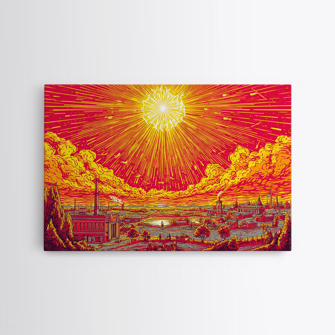 Radiant Industrial Sunburst City Wall Art, Retro Futurism Poster, Midcentury Modern Art, Atomic MCM Decor, Orange Print Gift