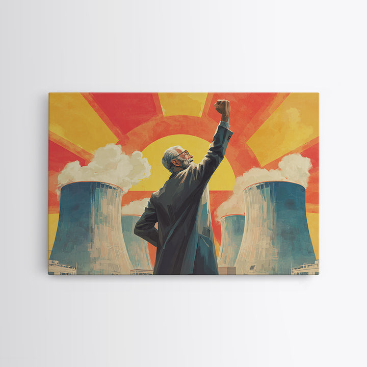 Nuclear Cooling Tower Leader Framed Canvas Print, Retro Political Poster, Midcentury Modern Wall Decor, Atomic Science Art