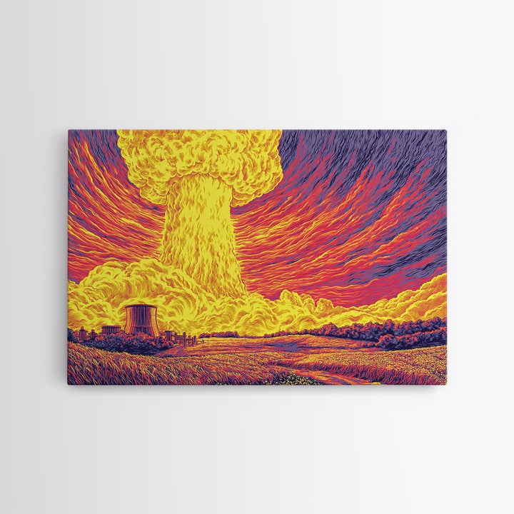 Fiery Atomic Mushroom Cloud Canvas Print, Nuclear Landscape Poster, Retro Sci Fi Wall Decor, Midcentury Modern Art Print
