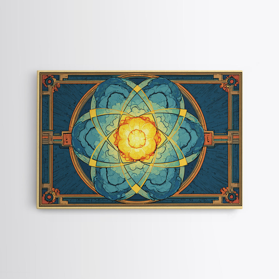 Ornate Atomic Explosion Framed Canvas Print, Art Deco Science Poster, Geometric Wall Art Decor, Midcentury Modern Print Gift