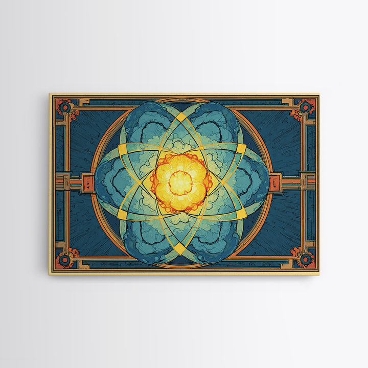 Ornate Atomic Explosion Framed Canvas Print, Art Deco Science Poster, Geometric Wall Art Decor, Midcentury Modern Print Gift