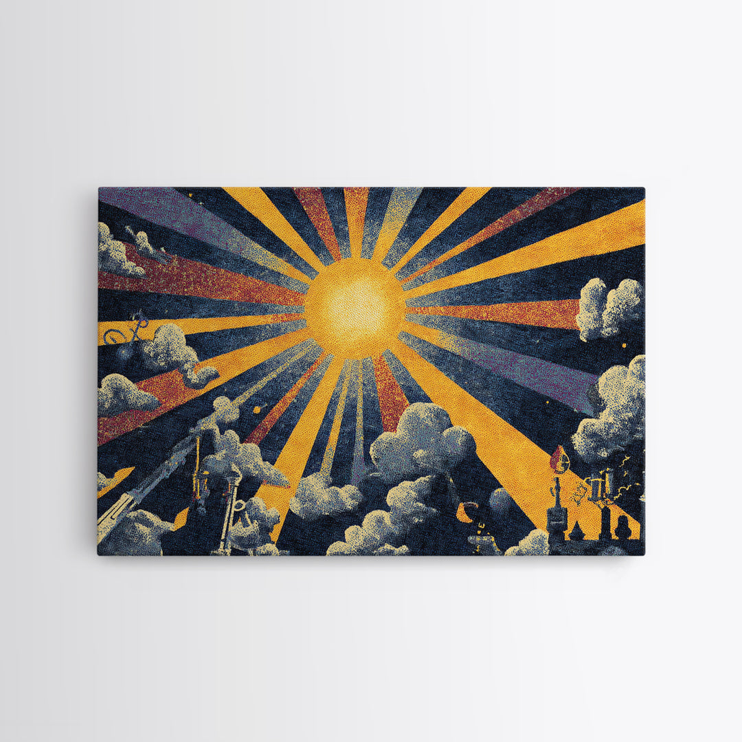 Golden Sunburst Cloud Wall Art, Retro Art Deco Poster, Midcentury Modern Home Decor, Atomic Celestial Canvas Print Gift Idea