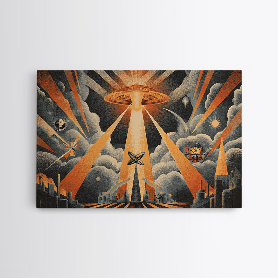 UFO Beam Over City Canvas Print, Retro Sci Fi Poster, Atomic Space Wall Art, Midcentury Modern MCM Decor, Orange Rays Print