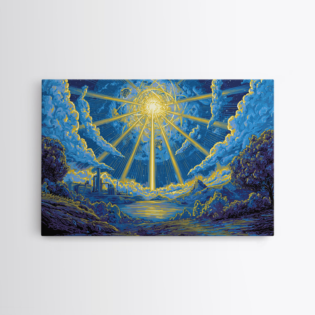 Blue Celestial Sunburst Sky Wall Art, Dreamy Cosmic Landscape Poster, Midcentury Modern Decor, Retro Spiritual Art Print