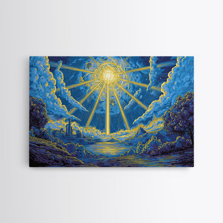 Blue Celestial Sunburst Sky Wall Art, Dreamy Cosmic Landscape Poster, Midcentury Modern Decor, Retro Spiritual Art Print