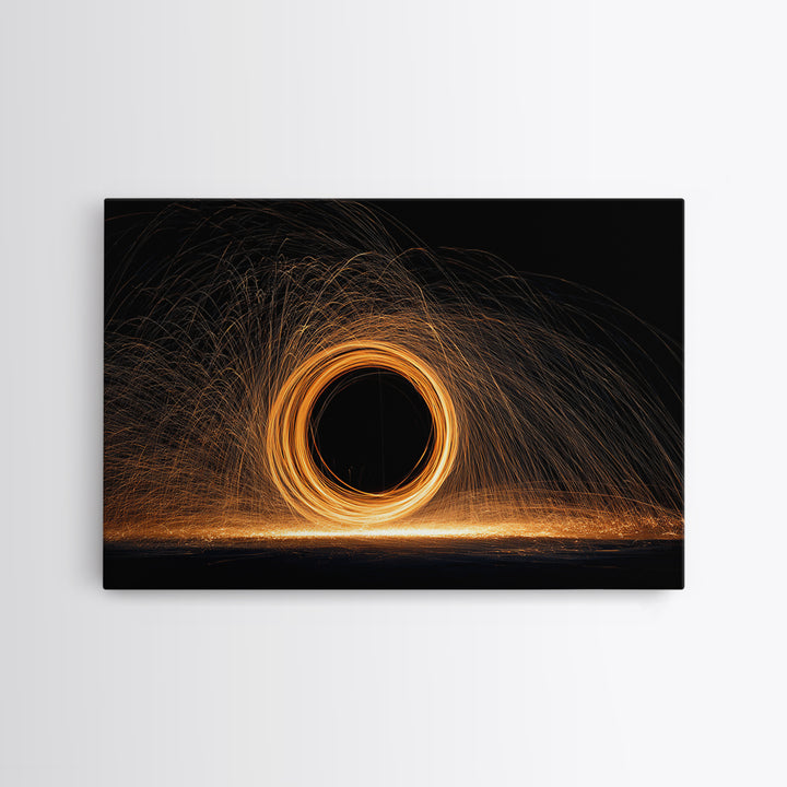 Orange Black Hole Light Trails Wall Art, Modern Abstract Art Print, Cosmic Retro Decor, Home Office Art, Framed Canvas Print