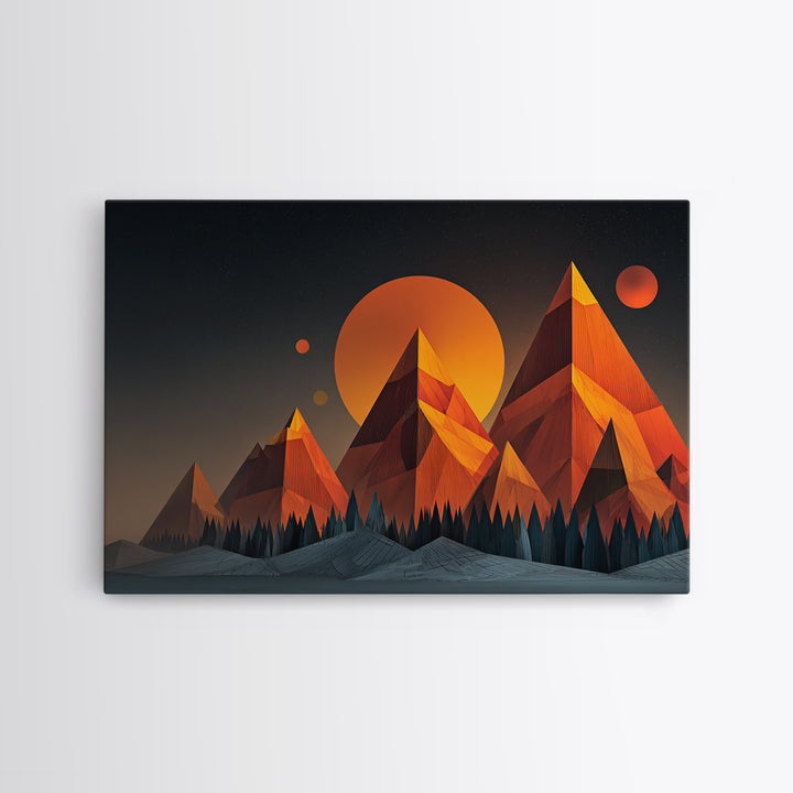 Orange Planet Pyramid Mountains Framed Canvas Print, Retro Futuristic Wall Art, Geometric Sci Fi Poster, MCM Home Decor Print