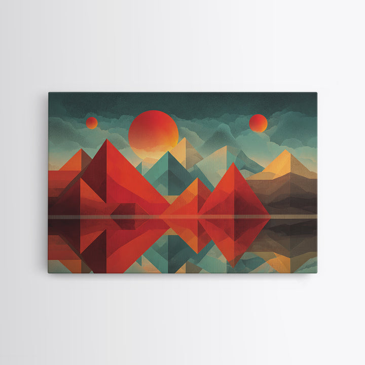 Geometric Red Pyramid Mountains Reflection Wall Art, Midcentury Modern Abstract Landscape, Retro MCM Decor, Canvas Print