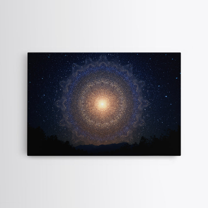 Starry Night Cosmic Mandala Canvas Print, Modern Abstract Wall Art, Galaxy Poster, Blue Space Decor For Bedroom Home Office