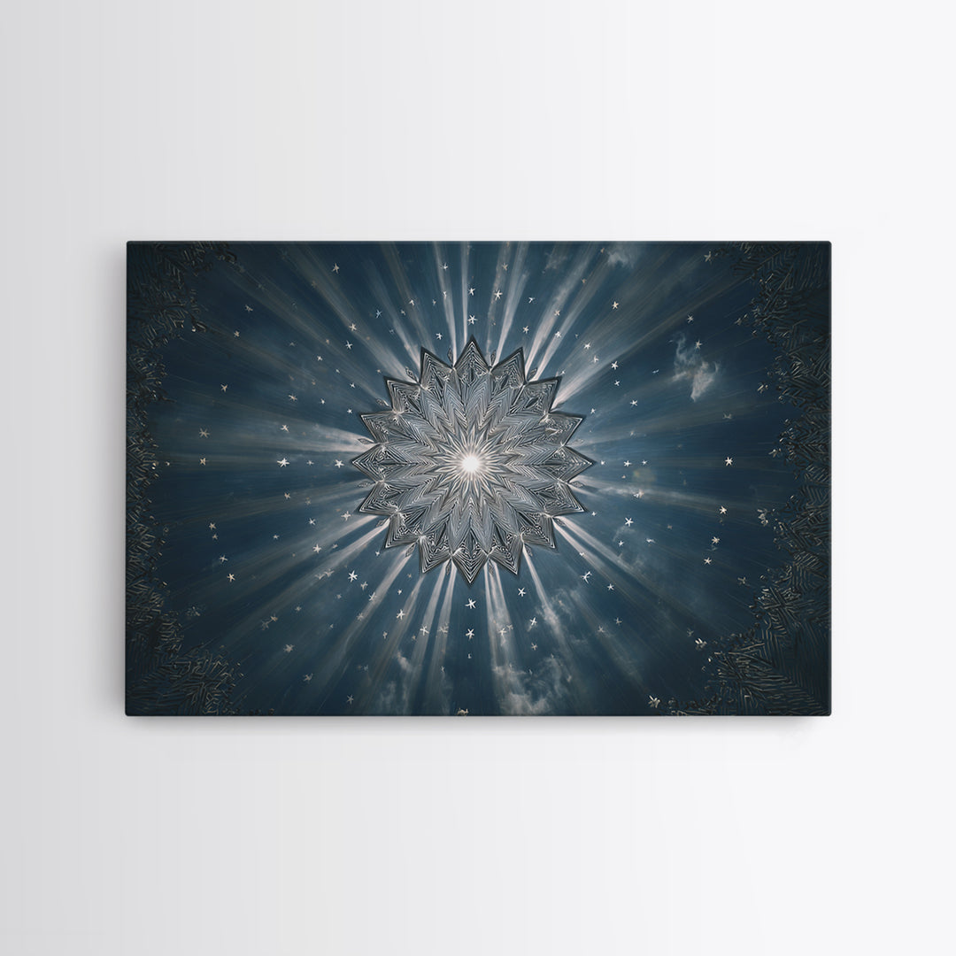 Radiant Blue Celestial Mandala Starburst Wall Art, Midcentury Modern Art Print, Atomic Retro Home Decor, Framed Canvas Print