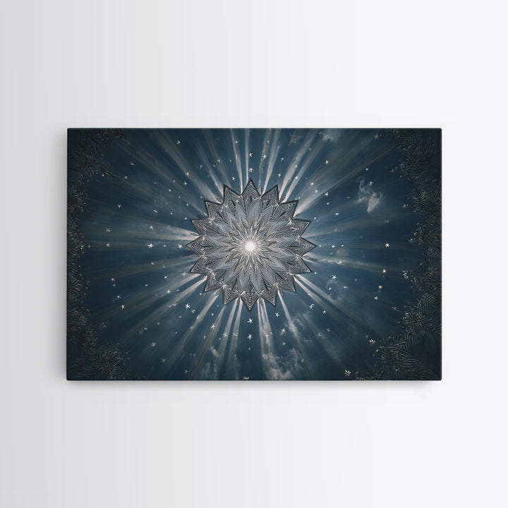 Radiant Blue Celestial Mandala Starburst Wall Art, Midcentury Modern Art Print, Atomic Retro Home Decor, Framed Canvas Print