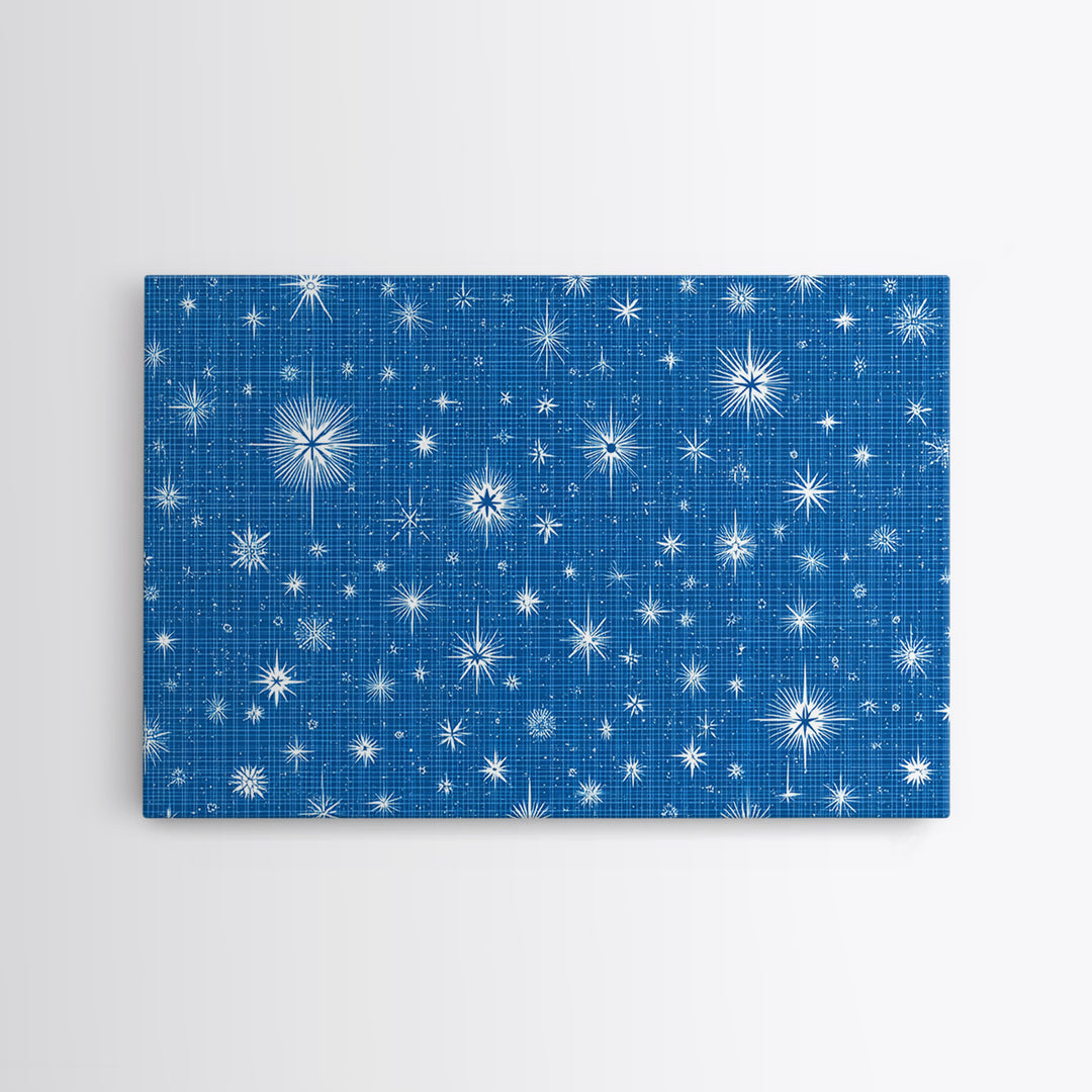Blue Blueprint Atomic Starburst Wall Art, Midcentury Modern Art Print, Retro Geometric Pattern, Office Decor Canvas Print