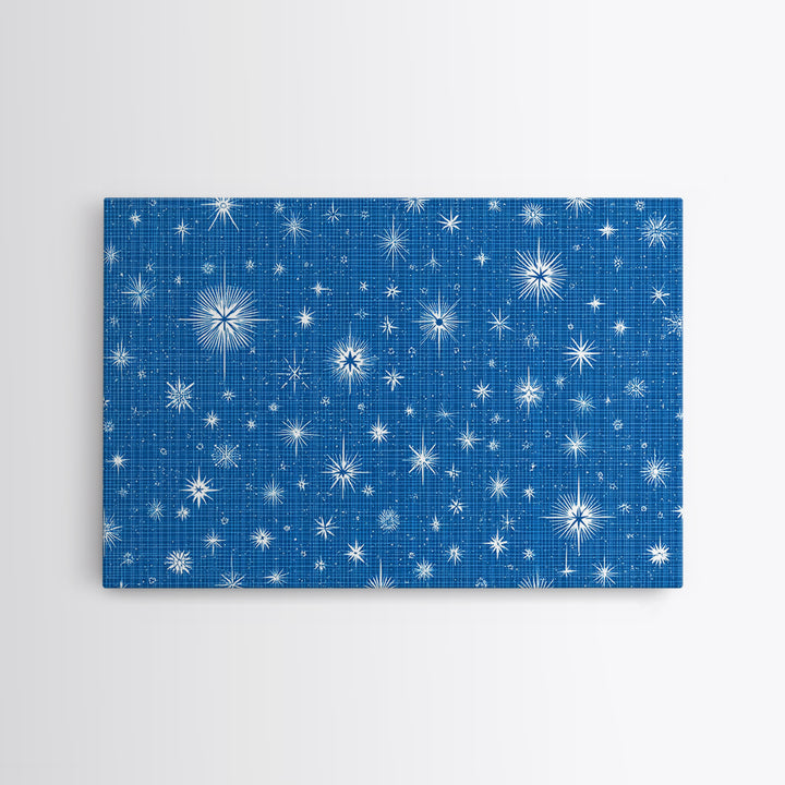 Blue Blueprint Atomic Starburst Wall Art, Midcentury Modern Art Print, Retro Geometric Pattern, Office Decor Canvas Print