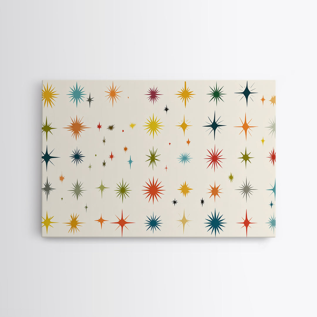 Cream Atomic Starburst Pattern Wall Art, Midcentury Modern Print, Retro 50s Colorful Home Decor, MCM Framed Canvas Print