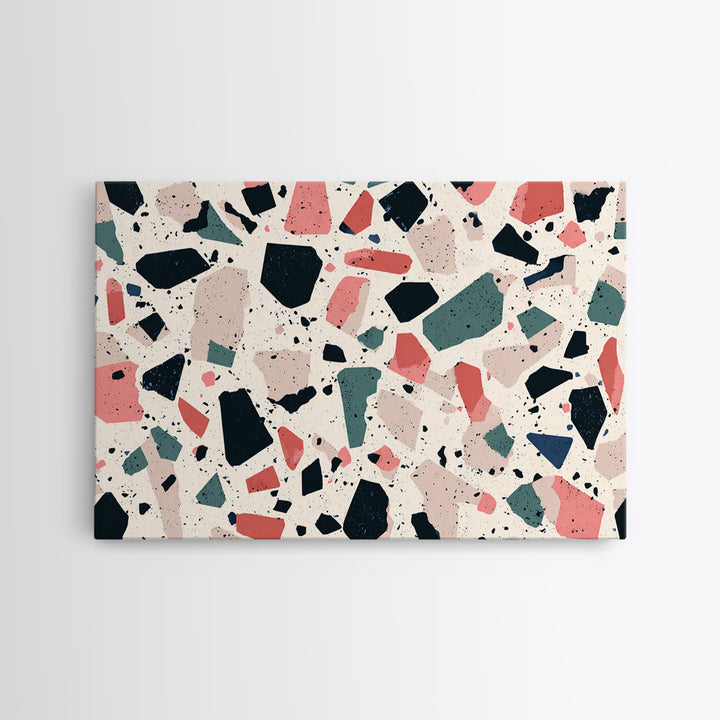 Coral Teal Terrazzo Abstract Wall Art, Midcentury Modern Art Print, Retro Geometric Pattern Home Decor, Framed Canvas Print