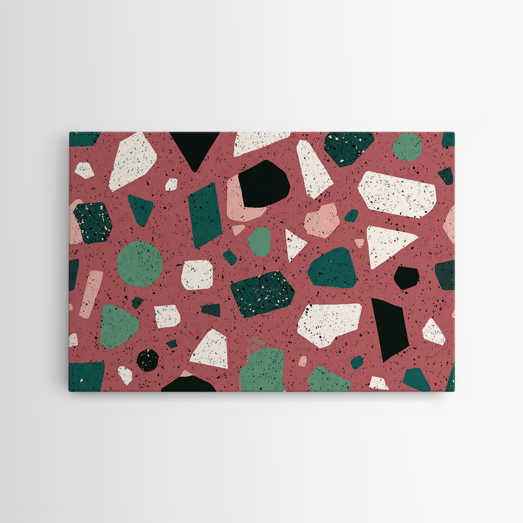 Rose Green Terrazzo Abstract Wall Art, Midcentury Modern Print, MCM Retro Geometric Pattern Home Decor, Framed Canvas Print