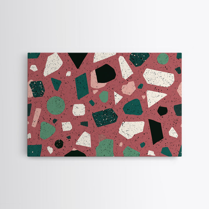 Rose Green Terrazzo Abstract Wall Art, Midcentury Modern Print, MCM Retro Geometric Pattern Home Decor, Framed Canvas Print