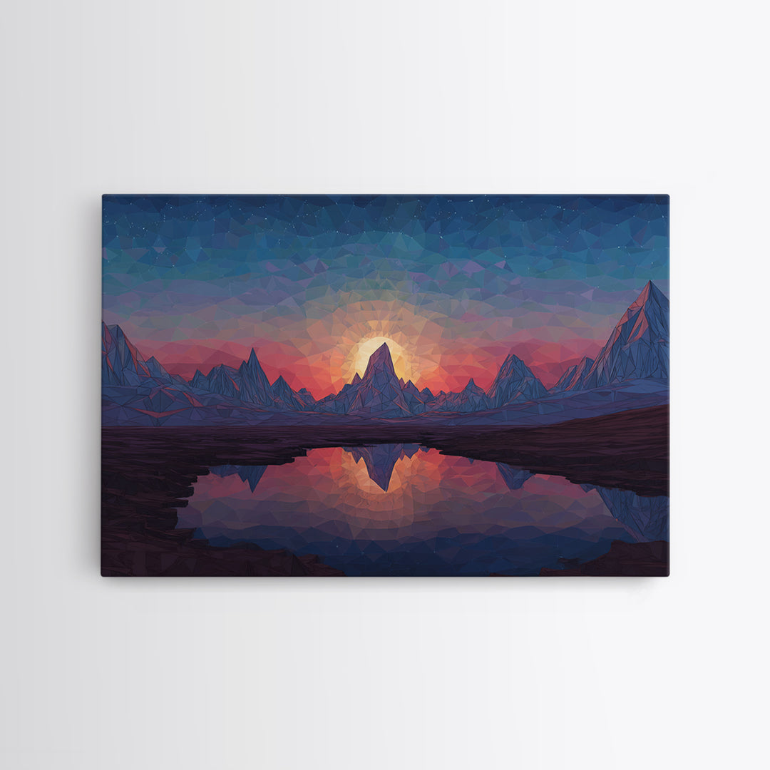 Low Poly Alpine Mountain Sunset Wall Art, Blue Lake Reflection Landscape, Modern Geometric Print, Scenic Home Office Decor