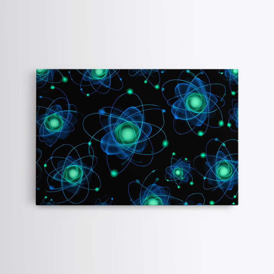 Glowing Blue Green Atomic Orbit Pattern Wall Art, Mid Century Modern Decor, Retro Sci Fi Poster, MCM Wall Decor, Geometric Art Print