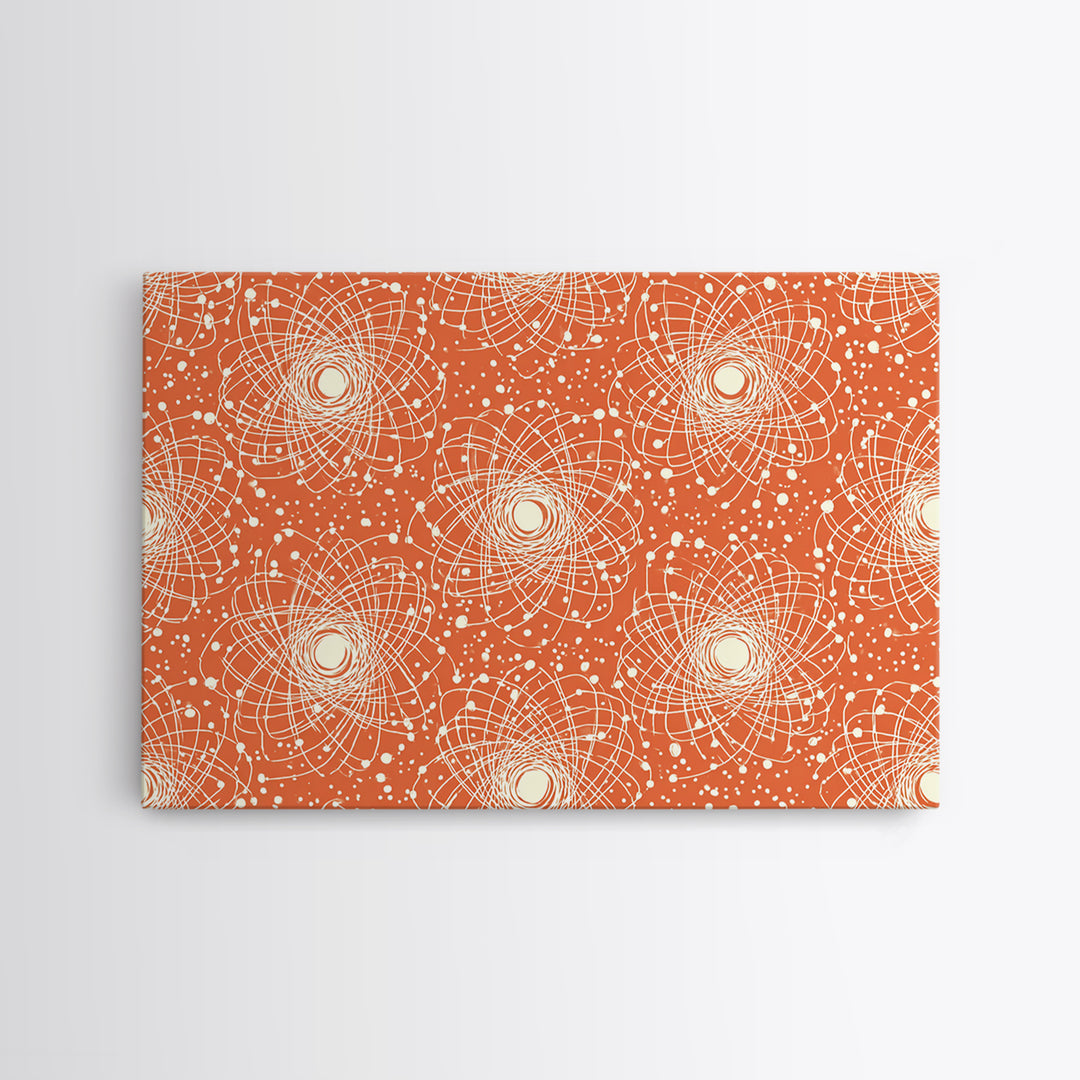 Orange White Atomic Orbit Pattern Canvas Print, Mid Century Modern Decor, Retro Science Poster, Geometric Wall Art, MCM Home Decor