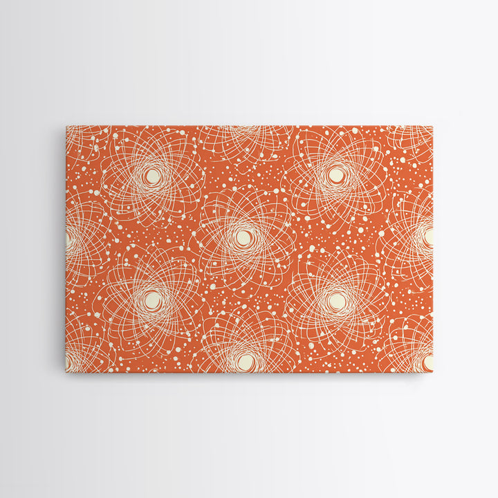 Orange White Atomic Orbit Pattern Canvas Print, Mid Century Modern Decor, Retro Science Poster, Geometric Wall Art, MCM Home Decor