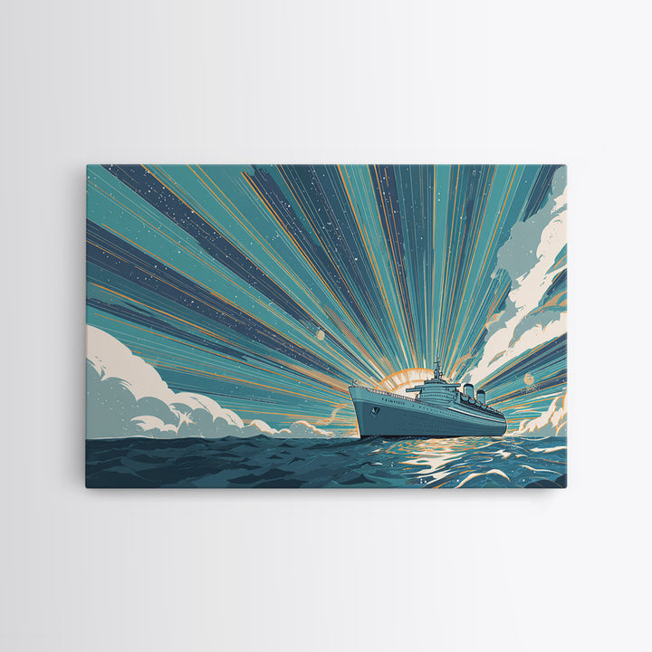 Ocean Liner Sunrise Ray Wall Art, Retro Travel Poster, Nautical Decor, Art Deco Cruise Ship Print, Coastal Living Room Decor