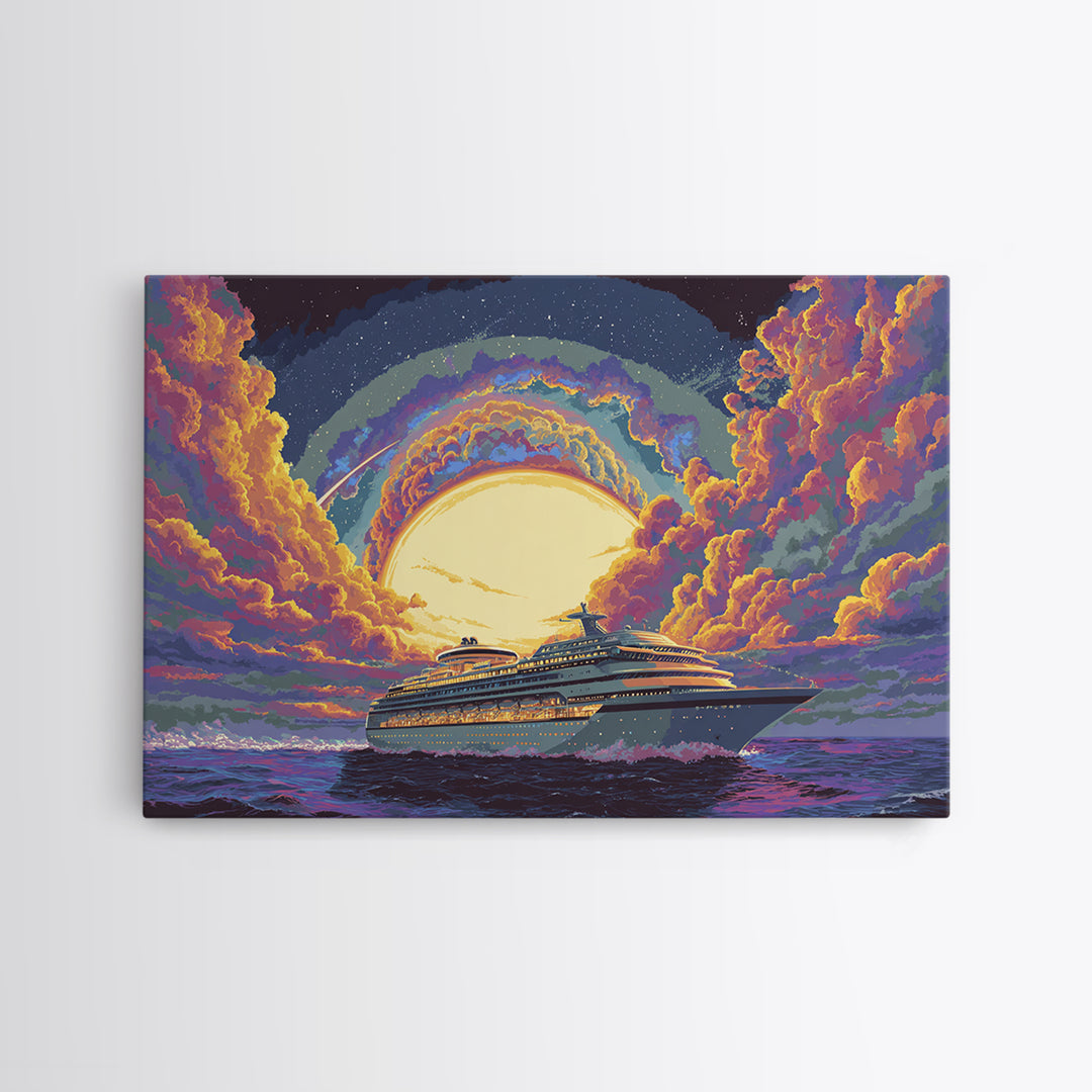 Moonlit Cruise Ship At Sea Canvas Print, Retro Travel Poster, Celestial Ocean Wall Art, Coastal Decor, Colorful Nautical Art