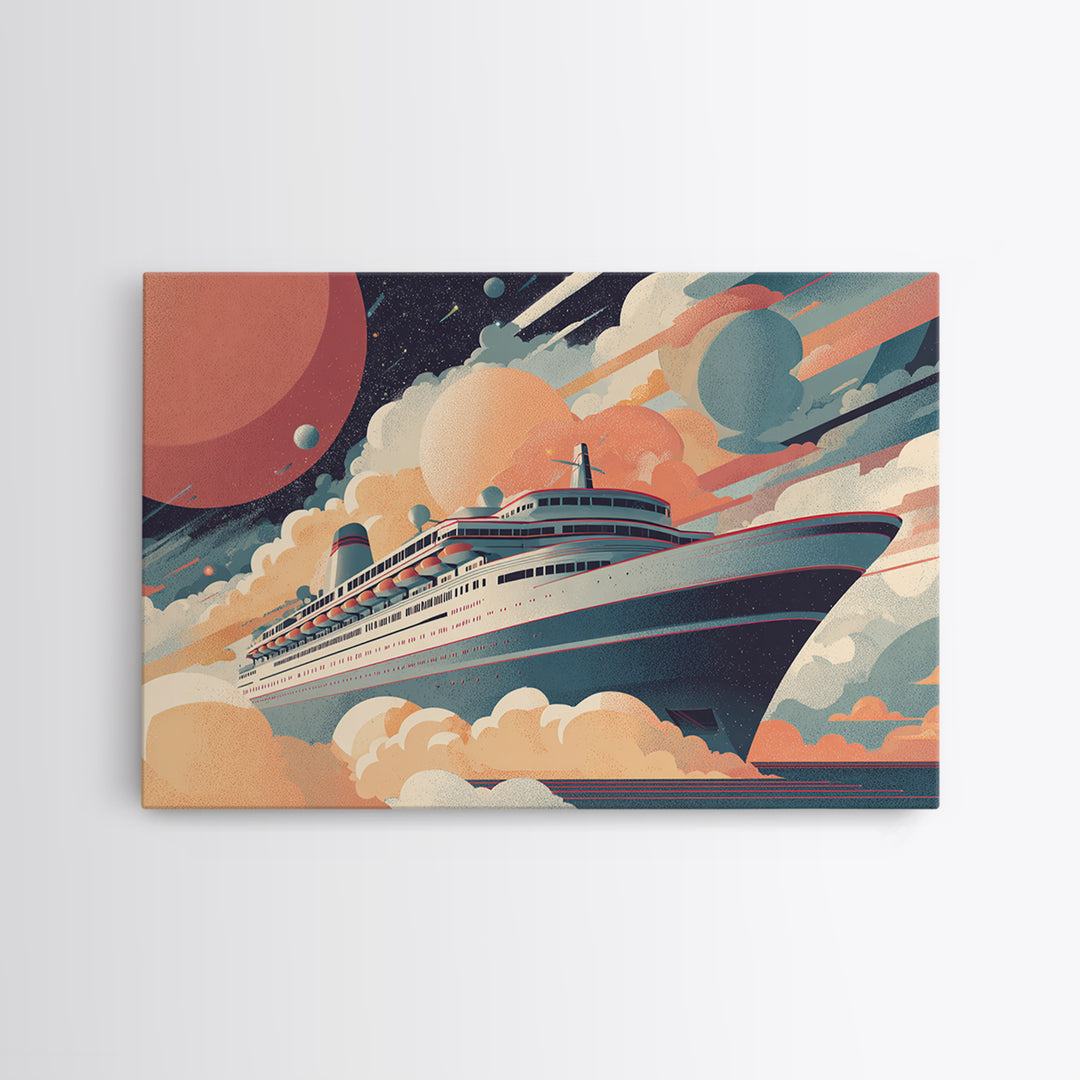Space Cruise Ship With Planets Wall Art, Retro Sci Fi Poster, Mid Century Modern Decor, Celestial Travel Print, Cosmic Art