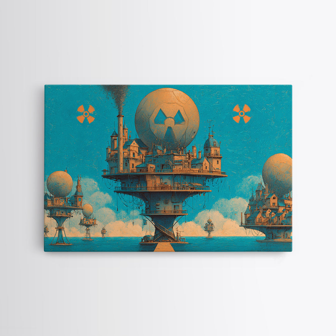 Floating Nuclear City Wall Art, Retro Sci Fi Poster, Industrial Dystopian Decor, Teal Orange Canvas Print, Statement Art