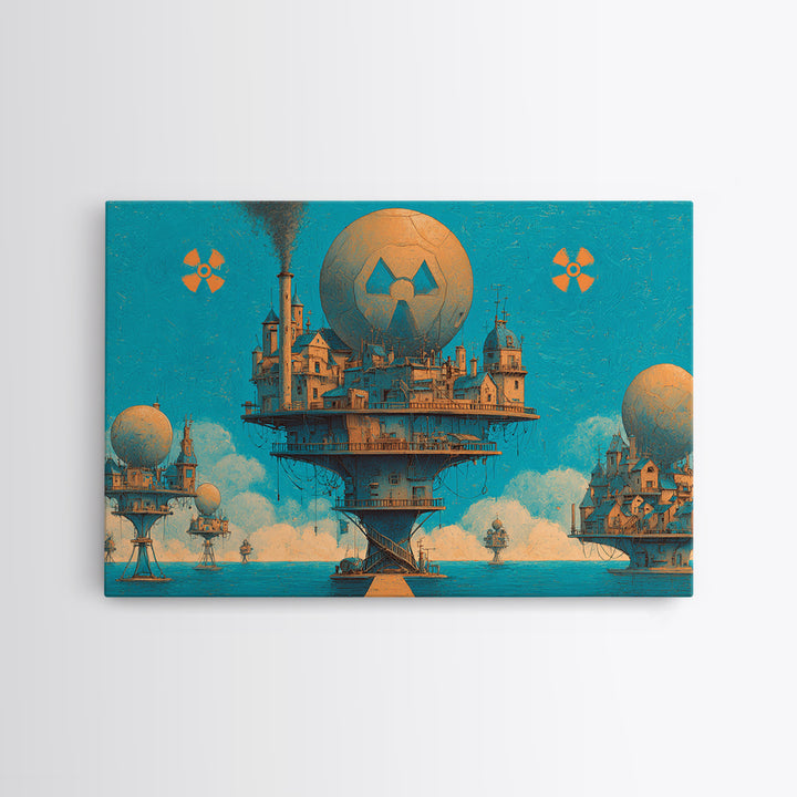 Floating Nuclear City Wall Art, Retro Sci Fi Poster, Industrial Dystopian Decor, Teal Orange Canvas Print, Statement Art