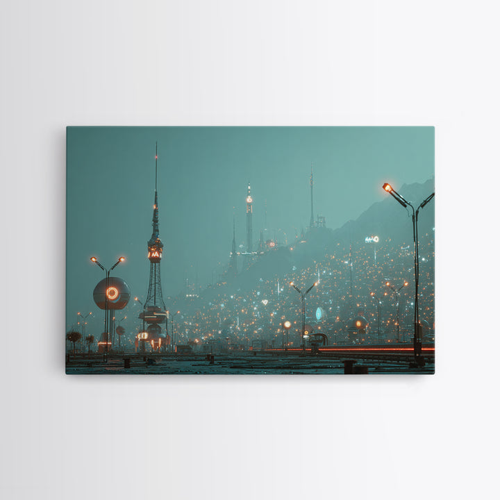 Foggy Futuristic Teal City Towers Wall Art, Midcentury Modern Sci Fi Skyline, Retro Urban Poster, MCM Office Decor, Modern Wall Decor