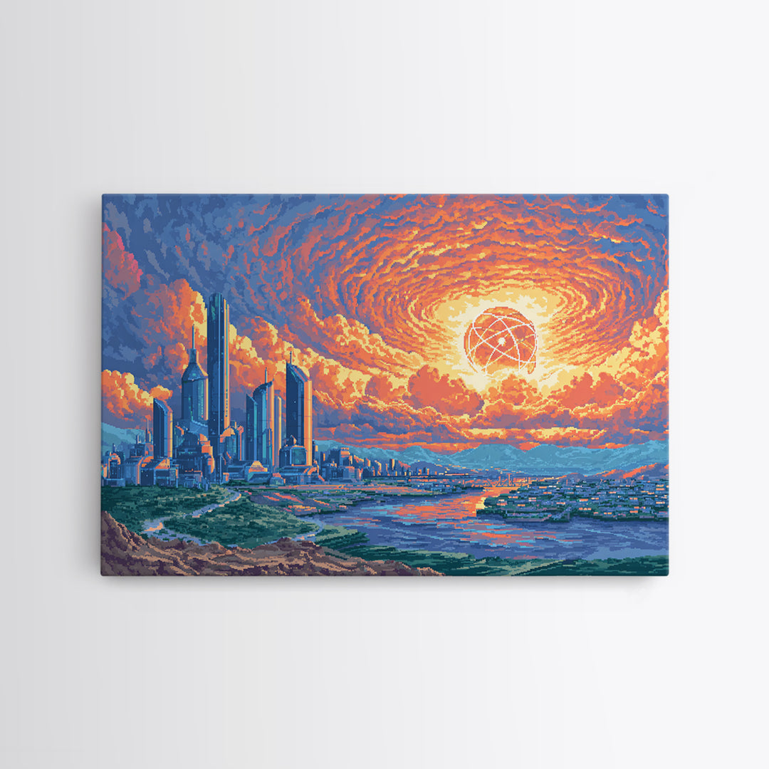 Atomic Sunset Futuristic City Canvas Print, Midcentury Modern Wall Art, Retro Sci Fi Skyline Poster, Colorful MCM Decor