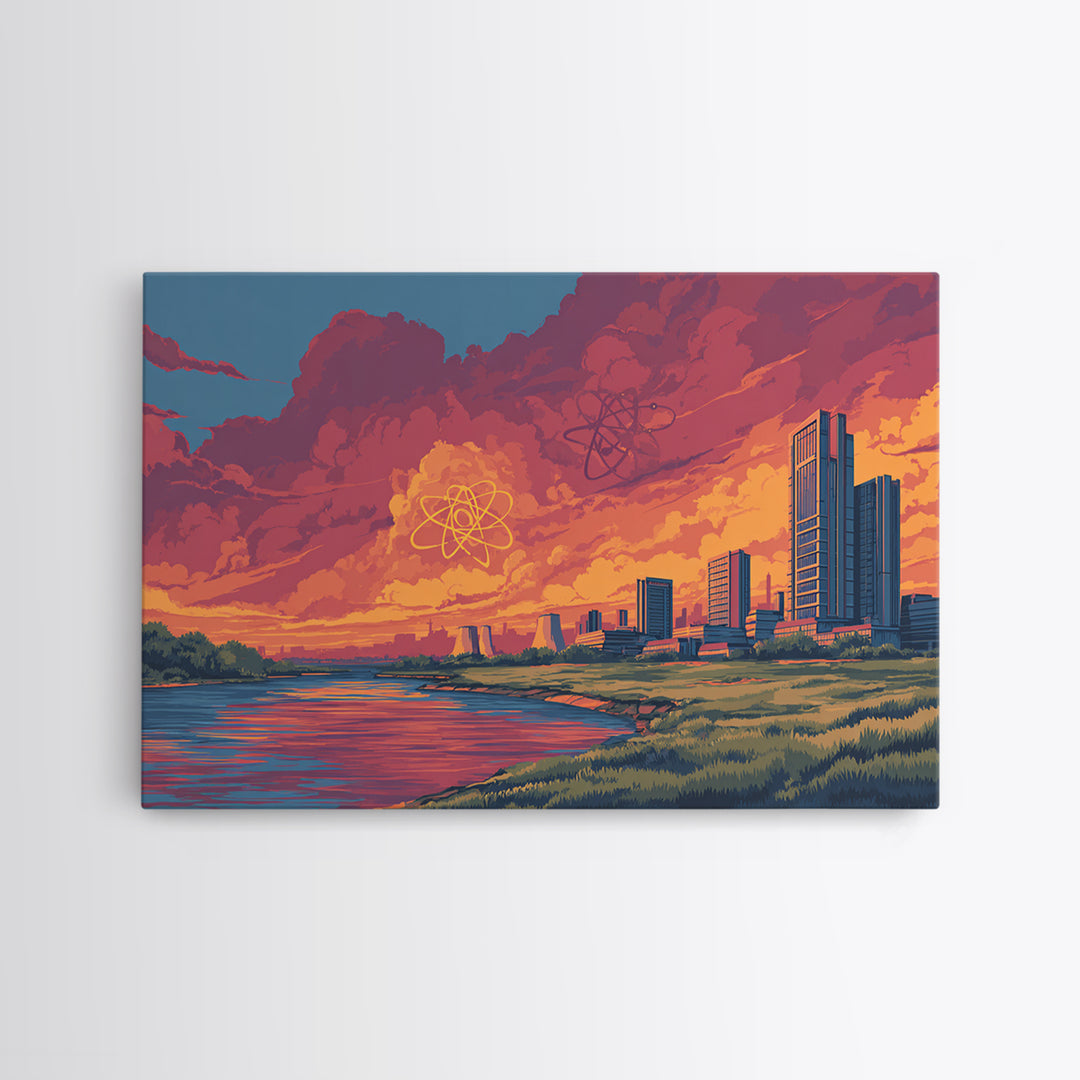 Red Cloud Atomic Waterfront Skyline Wall Art, Midcentury Modern Canvas Print, Retro Sci Fi Sunset Poster, Colorful Home Decor