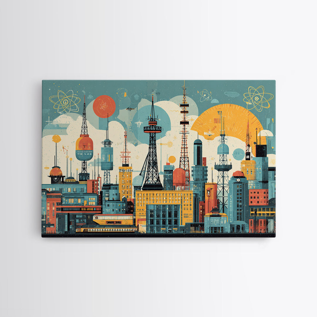 Retro Radio Tower City Collage Wall Art, Midcentury Modern Print, Atomic Skyline Poster, Geometric Urban Home Decor, MCM Office Decor