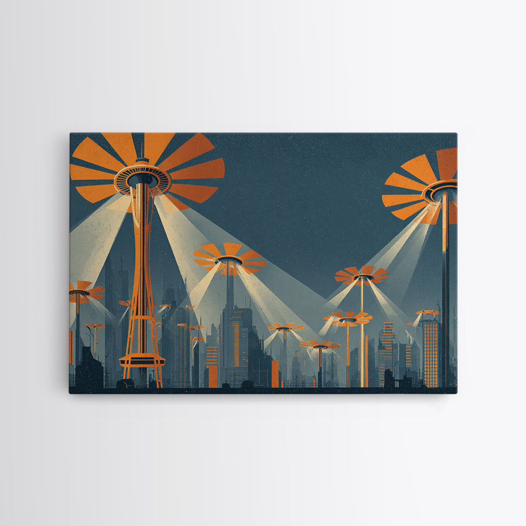 UFO Searchlight Future City Wall Art, Midcentury Modern Sci Fi Poster, Retro Space Needle Skyline, Orange MCM Decor, Modern Wall Decor